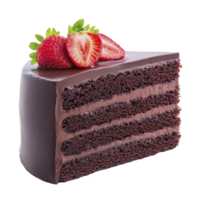 Slice of rich chocolate cake with smooth frosting is topped with fresh strawberries, creating delightful and indulgent dessert png