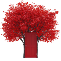 Vibrant red tree with door embedded in its trunk creates surreal and imaginative scene, blending nature with architecture. striking red leaves contrast with door, evoking curiosity and wonder png