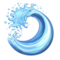 Dynamic illustration of stylized blue wave forming circular shape, with splashes and droplets adding sense of motion and energy png