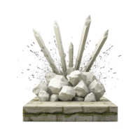 Cluster of sharp, white crystals emerges dramatically from pile of rocks on stone platform, creating striking and dynamic visual effect png