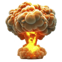 Large, fiery explosion with mushroom cloud shape dominates image, showcasing intense energy and power. cloud is composed of billowing smoke and bright flames, creating dramatic and impactful scene png