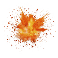 Vibrant explosion of orange and yellow paint splatters outward, creating dynamic and energetic burst against transparency background. abstract design is bold and eye catching png
