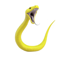 Vibrant yellow snake with open mouth and visible fangs, poised in striking position. snake scales are detailed, and its forked tongue is extended, creating intense and dynamic image png