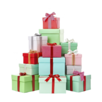 Stack of colorful gift boxes with ribbons and bows, featuring various sizes and pastel shades, creating festive and cheerful atmosphere png