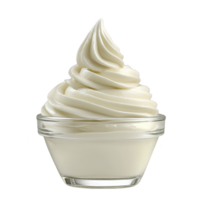Swirl of creamy vanilla soft serve ice cream in clear glass bowl, showcasing its smooth texture and inviting appearance png