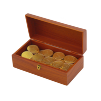 Wooden box filled with shiny gold coins, symbolizing wealth and treasure, is open to reveal its contents. coins are neatly stacked, reflecting light and creating sense of luxury png