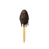 Chocolate covered ice cream bar with wooden stick, featuring textured surface and dripping effect, isolated on transparency background png