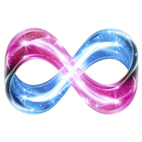 Vibrant infinity symbol with gradient of pink and blue hues, adorned with sparkling stars, represents endless possibilities and continuity. glossy finish adds modern touch png