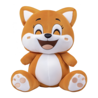 Cute plush toy resembling cartoon fox with big smile, featuring orange and white fur, large eyes, and soft paws. toy is designed for children and collectors png