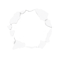 Circular hole with jagged edges appears in transparency background, resembling torn paper or broken surface. contrast between white torn edges and transparency background creates dramatic effect png