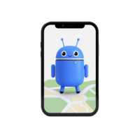 Smartphone displays cute blue robot character on digital map background, suggesting navigation or technology themes. robot has friendly expression, enhancing playful design png