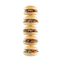 Stack of five delicious chicken burgers with fresh lettuce and tomatoes, isolated on transparency background, showcasing tempting and appetizing presentation png