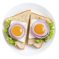 Two slices of whole grain bread topped with sunny side up eggs, red onion rings, and fresh lettuce on white plate create vibrant and appetizing breakfast png