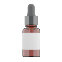 Small amber glass dropper bottle with blank white label and gray rubber top, suitable for essential oils, serums, or cosmetics, isolated on transparency background png