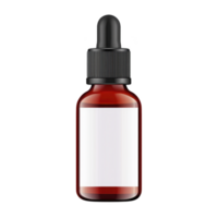 Small amber glass dropper bottle with blank white label and black cap, ideal for essential oils or serums, isolated on transparency background png