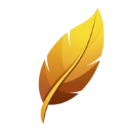 Golden feather with smooth gradient design, symbolizing elegance and creativity, is depicted against transparent background. feather sleek curves and vibrant color convey sense of lightness png