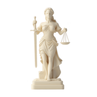 Blindfolded statue of Lady Justice stands holding sword and scales, symbolizing fairness and impartiality. elegant sculpture is crafted in classical style, evoking sense of authority png