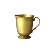 Golden cup with handle, featuring shiny and reflective surface, stands elegantly against plain background. cup metallic texture and warm hue evoke sense of luxury and sophistication png