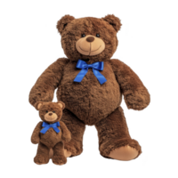 Two plush teddy bears with blue bows, one large and one small, stand side by side. soft, brown fur and friendly expressions create warm, comforting atmosphere png