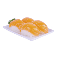 Four pieces of sushi with orange fish slices on top of rice are neatly arranged on white rectangular plate, garnished with small piece of green leaf png