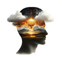Silhouette of human head filled with glowing brain and clouds, symbolizing creativity and imagination. scene includes sunset over landscape, blending nature and thought png