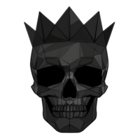 Geometric black skull with crown, featuring sharp angles and modern design, evokes sense of mystery and power. dark tones and faceted surfaces create striking visual impact png