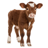 Cute brown and white calf stands on transparency background, showcasing its soft fur and curious expression. young cow ears are perked up, adding to its adorable appearance png