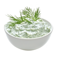 Bowl of creamy dill dip garnished with fresh dill sprigs, perfect for adding flavor to snacks and appetizers. white bowl contrasts with green herbs, creating appetizing presentation png