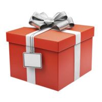 Vibrant red gift box with shiny silver bow and blank tag, perfect for festive occasions and celebrations. box is elegantly wrapped with white ribbon, adding touch of sophistication png