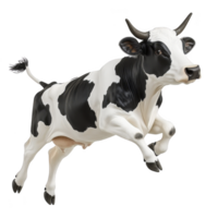 Black and white cow is joyfully leaping in mid air, showcasing its playful nature. cow distinctive markings and dynamic pose create lively and whimsical scene png