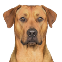 Realistic illustration of brown dog with focused expression, showcasing its detailed fur and attentive eyes. dog ears are perked up, adding to its alert demeanor png