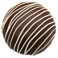 Round chocolate dessert with white icing drizzled on top, creating elegant pattern. rich, glossy chocolate contrasts with delicate white lines, making it visually appealing png