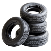 Stack of four black car tires with detailed tread patterns is displayed, showcasing their durability and design. tires are arranged in neat pile, emphasizing their quality and readiness for use png
