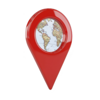 red map pin icon with world map inside, symbolizing global location or navigation. pin is three dimensional and glossy, highlighting continents like South America and Africa png