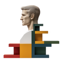 This features modern sculpture of man head with geometric shapes various colors. design combines classical and contemporary elements, creating striking visual contrast.Sculpture of man head with png