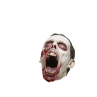 terrifying zombie head with open mouth and decayed skin, showing gruesome details and haunting expression. image evokes horror and fear, perfect for Halloween themes png
