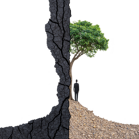 lone tree stands resiliently on rocky terrain, symbolizing growth and perseverance. silhouette of person is visible beside tree, highlighting contrast between nature and human presence png