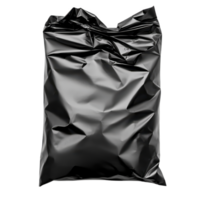 crumpled black plastic bag with shiny surface, often used for packaging or storage. bag texture and reflective quality create interesting visual effect png
