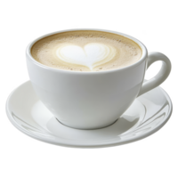 white cup of cappuccino with heart shaped latte art sits on matching saucer, showcasing creamy texture and inviting warmth png