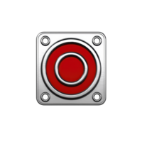 metallic square button with red circular center, featuring sleek design and four screws at corners, evokes sense of urgency or alert png