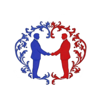 Two figures, one blue and one red, are shaking hands surrounded by ornate floral patterns, symbolizing unity and cooperation. design is symmetrical and artistic, conveying harmony and balance png