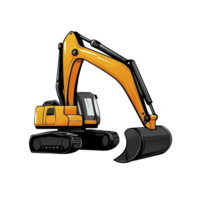 bright orange excavator with large black bucket is depicted in cartoon style, showcasing its robust design and functionality. illustration highlights machine essential features png
