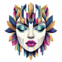 vibrant geometric illustration of serene face adorned with colorful abstract patterns and leaves, showcasing blend of modern art and nature. design features bold colors and intricate details png
