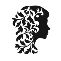 Silhouette of woman profile with intricate floral patterns and leaves creating elegant and artistic design. image combines nature and human form in creative and harmonious way png