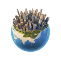miniature cityscape with skyscrapers and greenery sits atop globe, symbolizing urbanization and global connectivity. image creatively blends architecture with natural world png