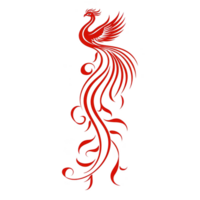 vibrant red phoenix with intricate swirling tail feathers symbolizes rebirth and strength. elegant design features flowing lines and majestic pose, evoking sense of power and grace png
