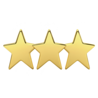 Three gold stars are aligned in row, symbolizing excellence and quality. shiny metallic finish adds touch of elegance, making them ideal for awards or ratings png