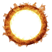 fiery ring of flames burns brightly against transparency background, creating dramatic and intense visual effect. circular shape is engulfed vibrant orange and yellow flames, suggesting energy png