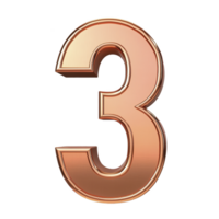 shiny, metallic number three with copper finish stands out against transparency background, showcasing modern and elegant design png