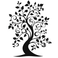 stylized black silhouette of tree with swirling branches and leaves creates elegant and artistic design. intricate pattern adds touch of whimsy and sophistication png